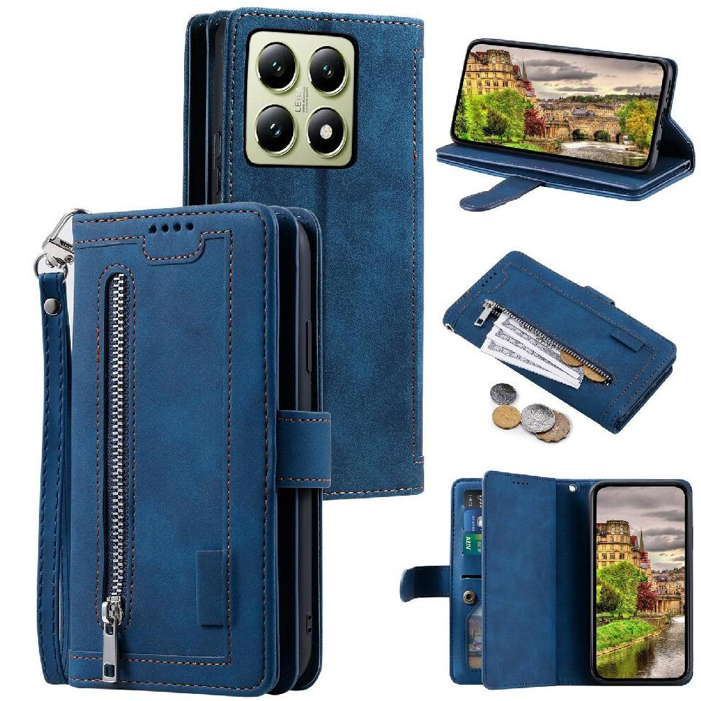 (Blue) Flip Case For Xiaomi 14T Pro Pu Leather Wallet Kickstand 9 Card Slots Lanyard Blue 764563469123