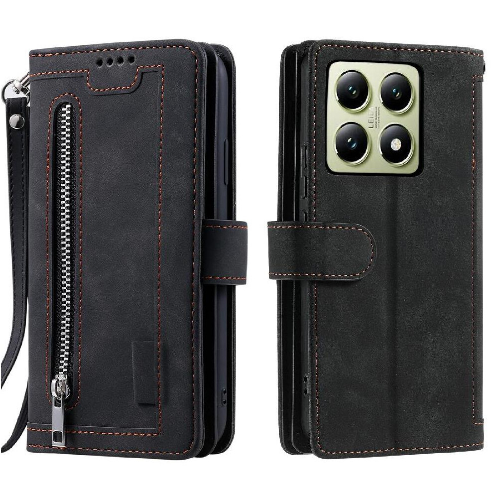 (Black) Flip Case For Xiaomi 14T Wallet Kickstand 9 Card Slots Lanyard Pu Leather Black 764563469178