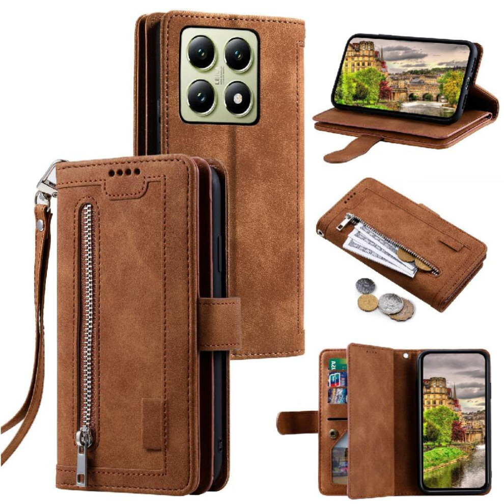 (Brown) Flip Case For Xiaomi 14T Wallet Kickstand 9 Card Slots Lanyard Pu Leather Brown 764563469192