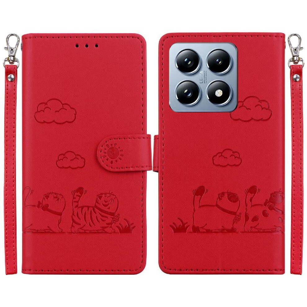 (Red) Flip Case For Xiaomi 14T Card Slot Holder Kickstand Cat Rfid Leather Wallet Red 764563469413