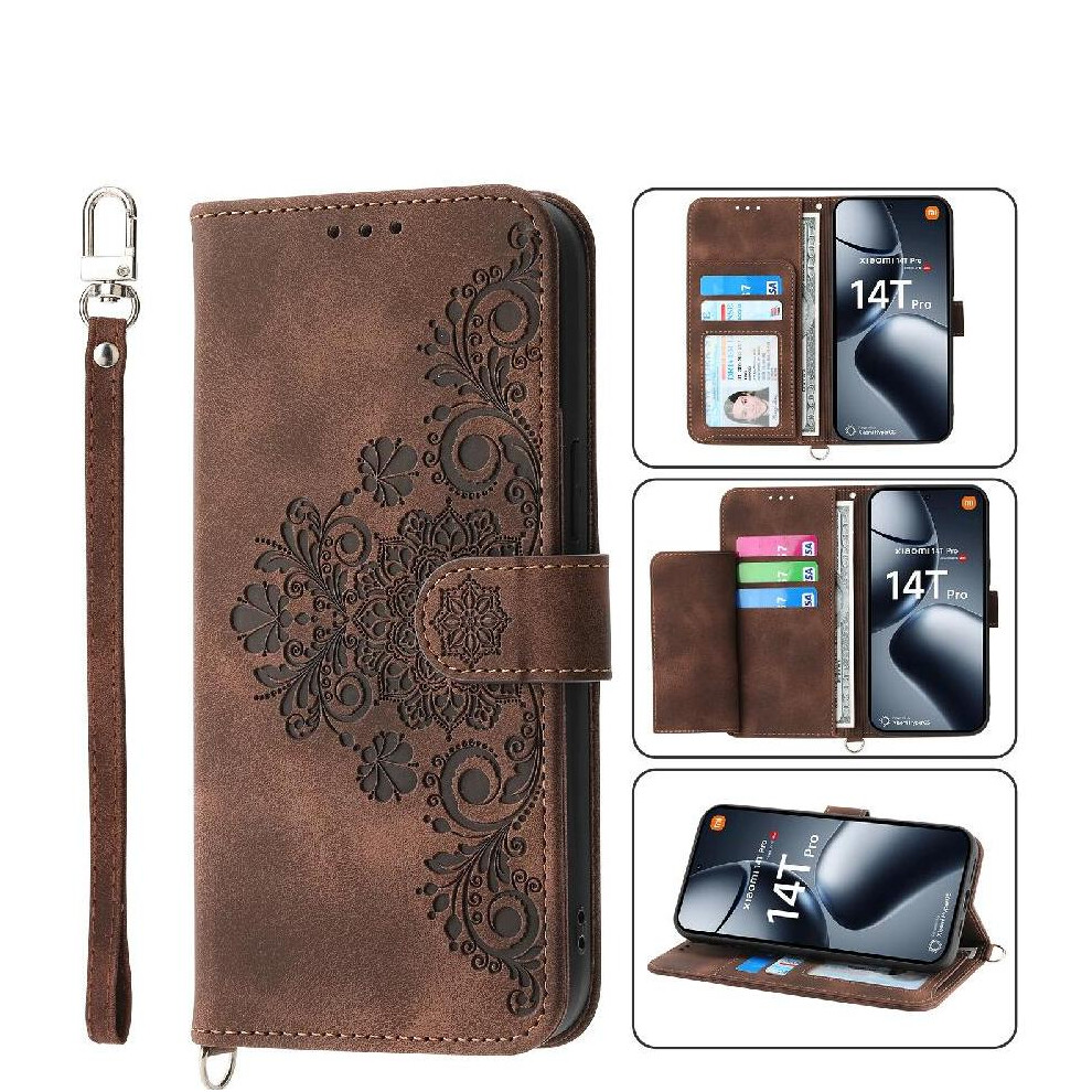 (Brown) Flip Case For Xiaomi 14T Pro 5G Shockproof Wristband Embossed Multiple Credit Card Slots Brown 764563469819