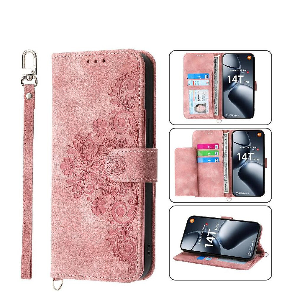 (Pink) Flip Case For Xiaomi 14T Pro 5G Shockproof Wristband Embossed Multiple Credit Card Slots Pink 764563469796