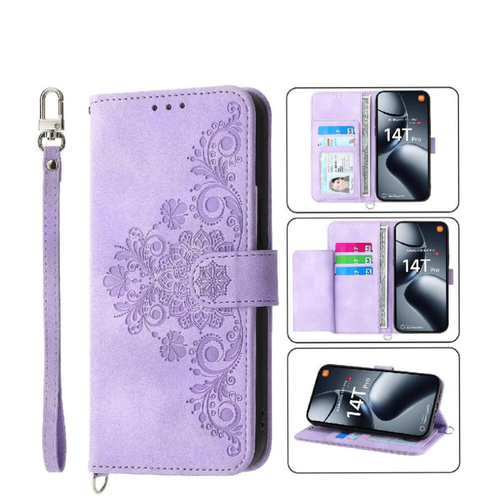 (Purple) Flip Case For Xiaomi 14T Pro 5G Shockproof Wristband Embossed Multiple Credit Card Slots Purple 764563469789