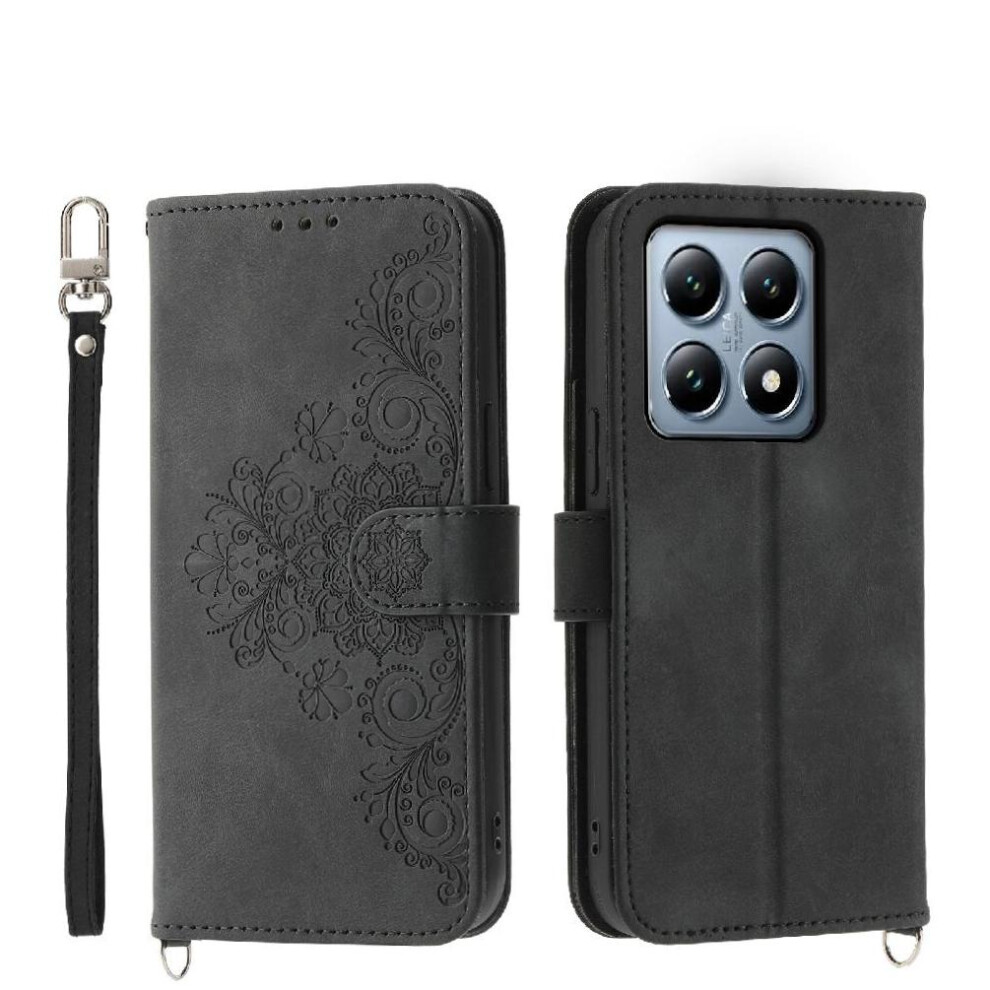 (Black) Flip Case For Xiaomi 14T Pro 5G Shockproof Wristband Embossed Multiple Credit Card Slots Black 764563469826
