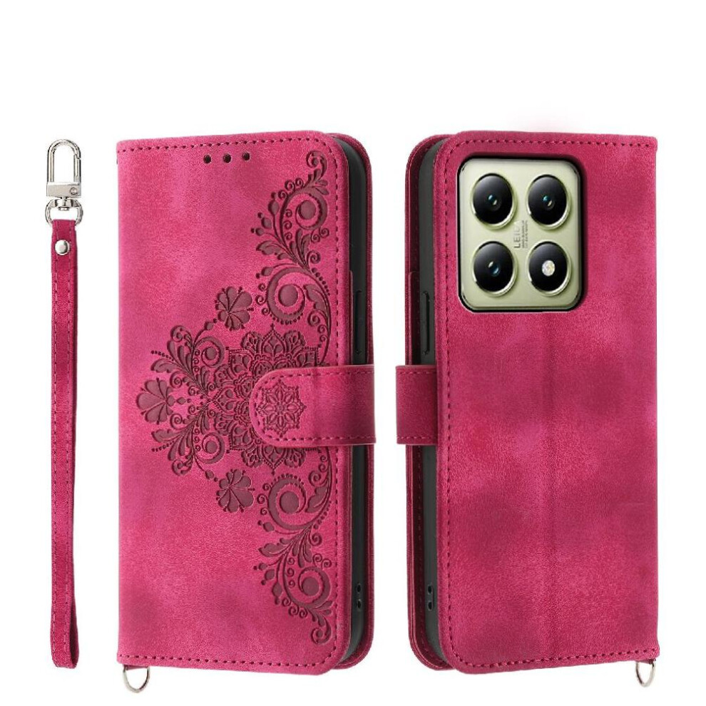 (Red) Flip Case For Xiaomi 14T 5G Wristband Multiple Credit Card Slots Embossed Shockproof Red 764563469857