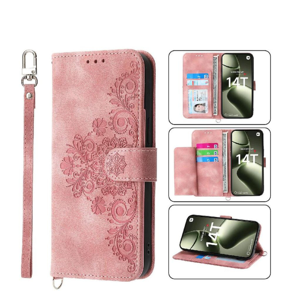 (Pink) Flip Case For Xiaomi 14T 5G Wristband Multiple Credit Card Slots Embossed Shockproof Pink 764563469840