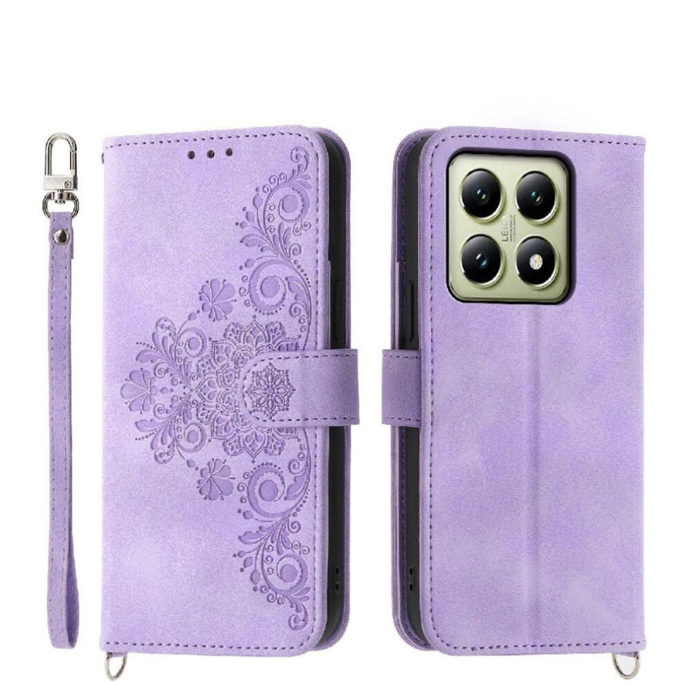 (Purple) Flip Case For Xiaomi 14T 5G Wristband Multiple Credit Card Slots Embossed Shockproof Purple 764563469833