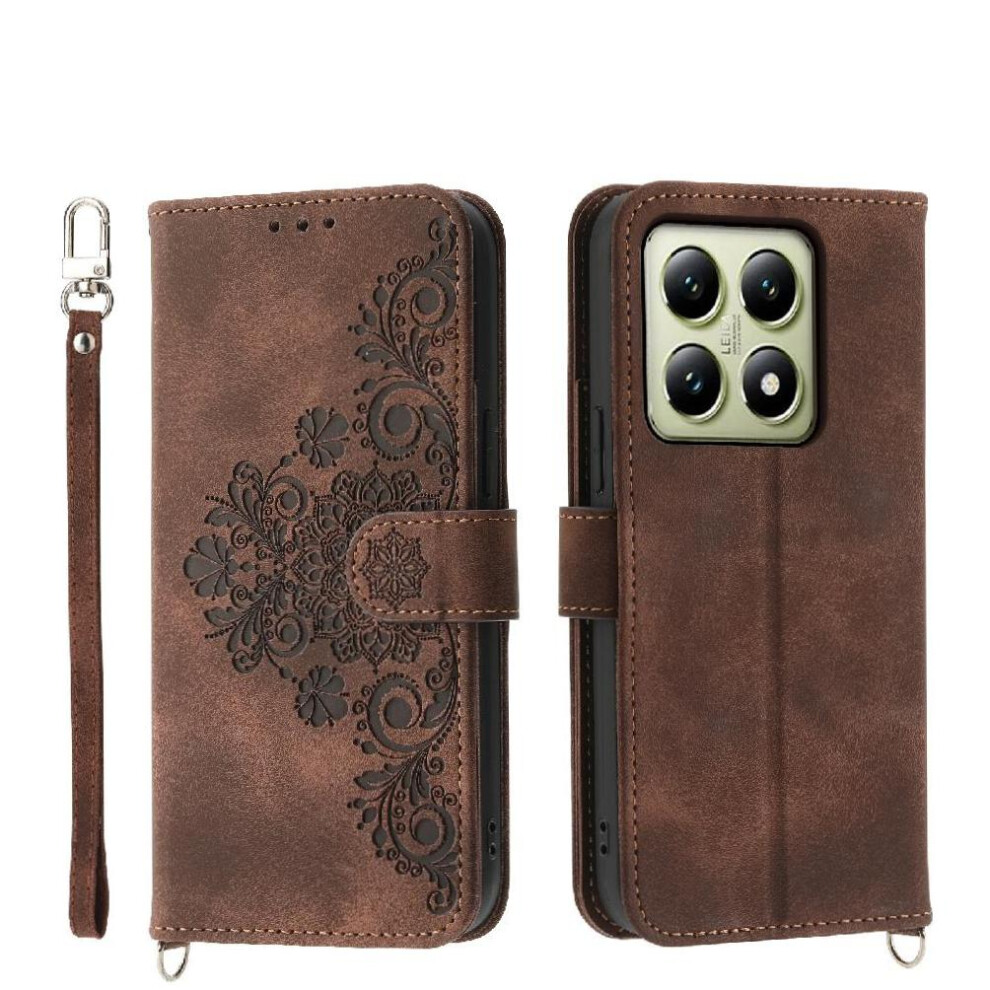 (Brown) Flip Case For Xiaomi 14T 5G Wristband Multiple Credit Card Slots Embossed Shockproof Brown 764563469864