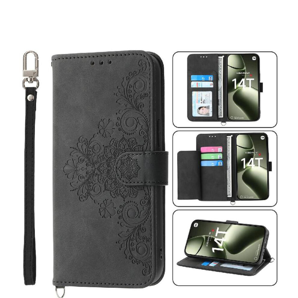 (Black) Flip Case For Xiaomi 14T 5G Wristband Multiple Credit Card Slots Embossed Shockproof Black 764563469871