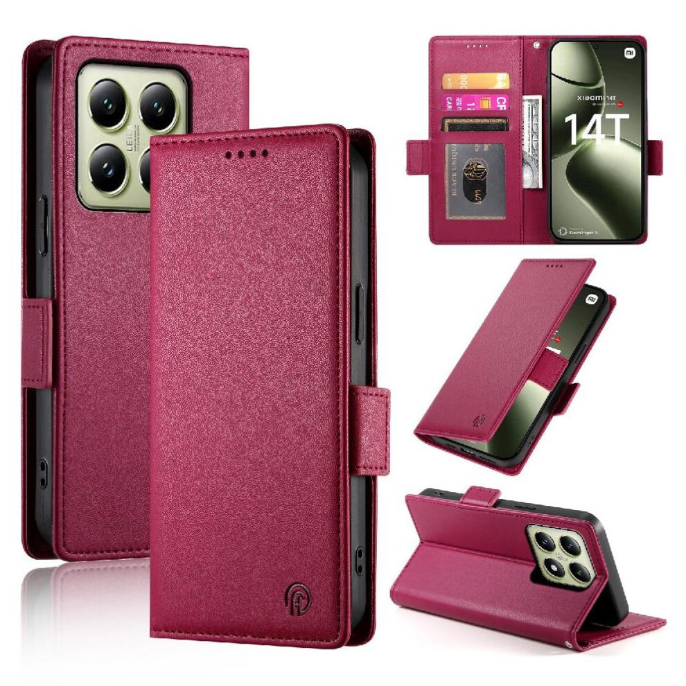 (Red) Flip Case For Xiaomi 14T Pro Business Flip Daily Use Wallet Card Slots Red 764563469901