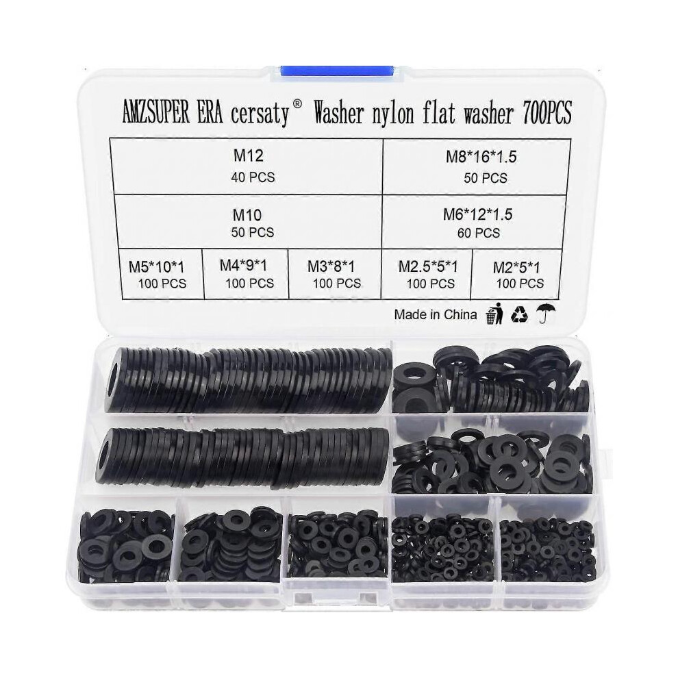 700pcs Black Nylon Flat Washer Assortment Kit