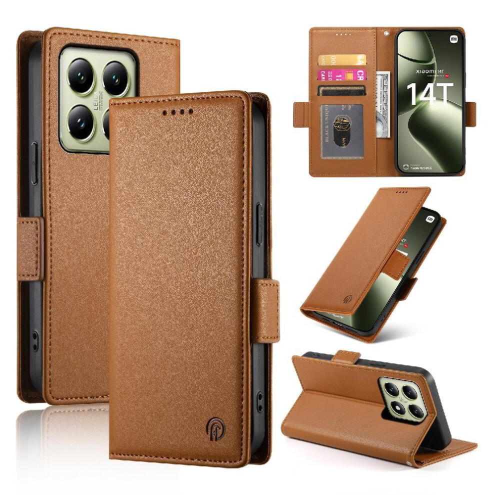 (Brown) Flip Case For Xiaomi 14T Card Slots Flip Daily Use Business Wallet Brown 764563470037