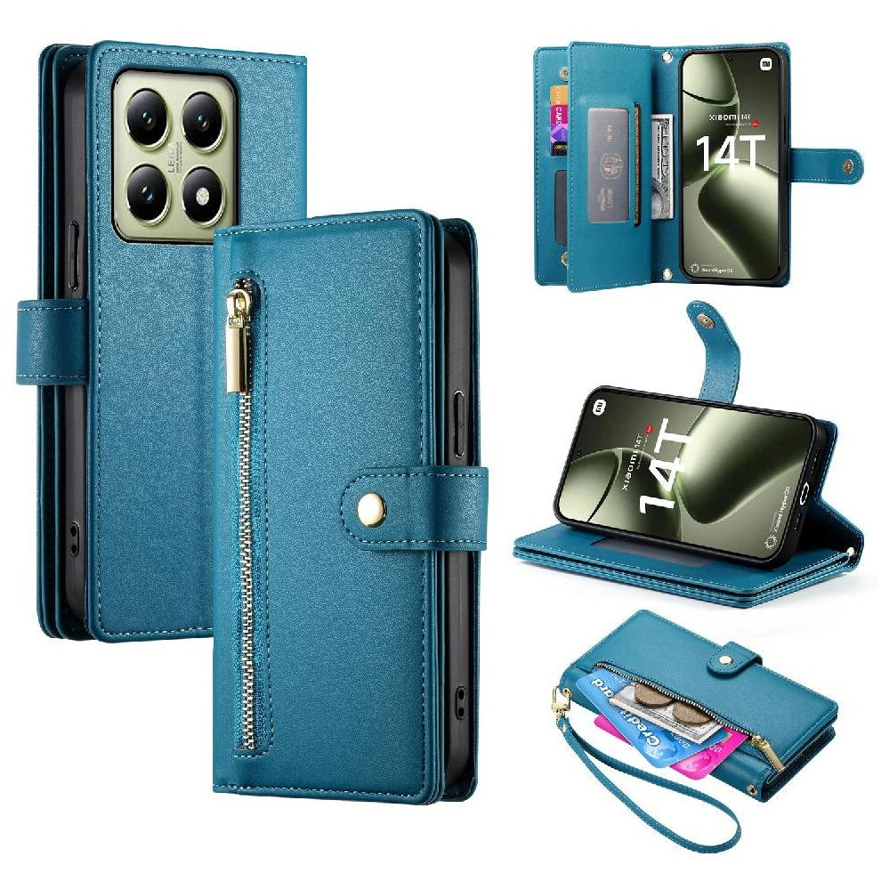 (Blue) Flip Case For Xiaomi 14T Pro 5G Wrist Strap Kickstand Wallet Compartment Multifunctional Card Slots Blue 764563470211