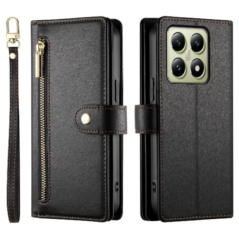 (Black) Flip Case For Xiaomi 14T Pro 5G Wrist Strap Kickstand Wallet Compartment Multifunctional Card Slots Black 764563470204