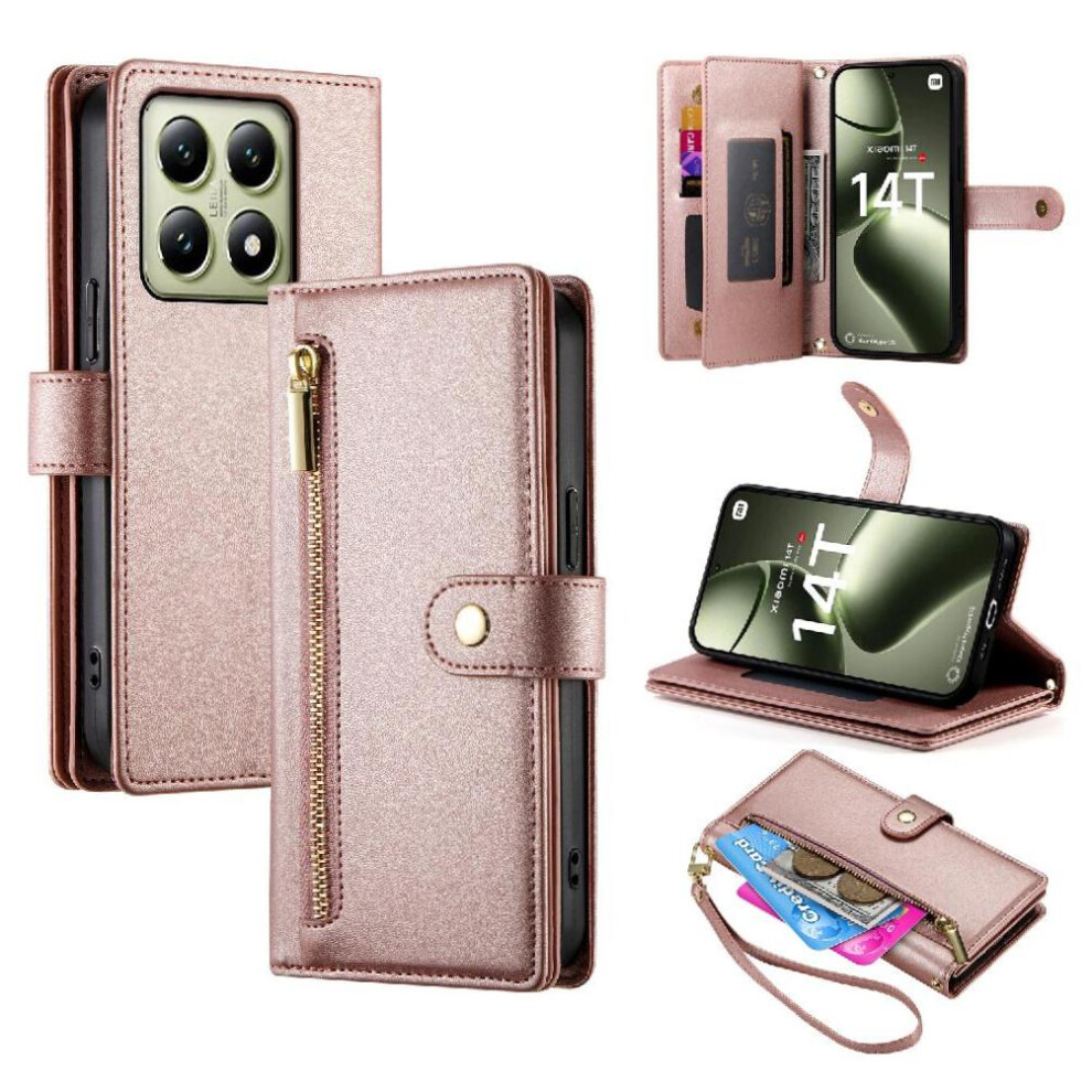 (Pink) Flip Case For Xiaomi 14T 5G Wallet Compartment Wrist Strap Multifunctional Card Slots Kickstand Pink 764563470235