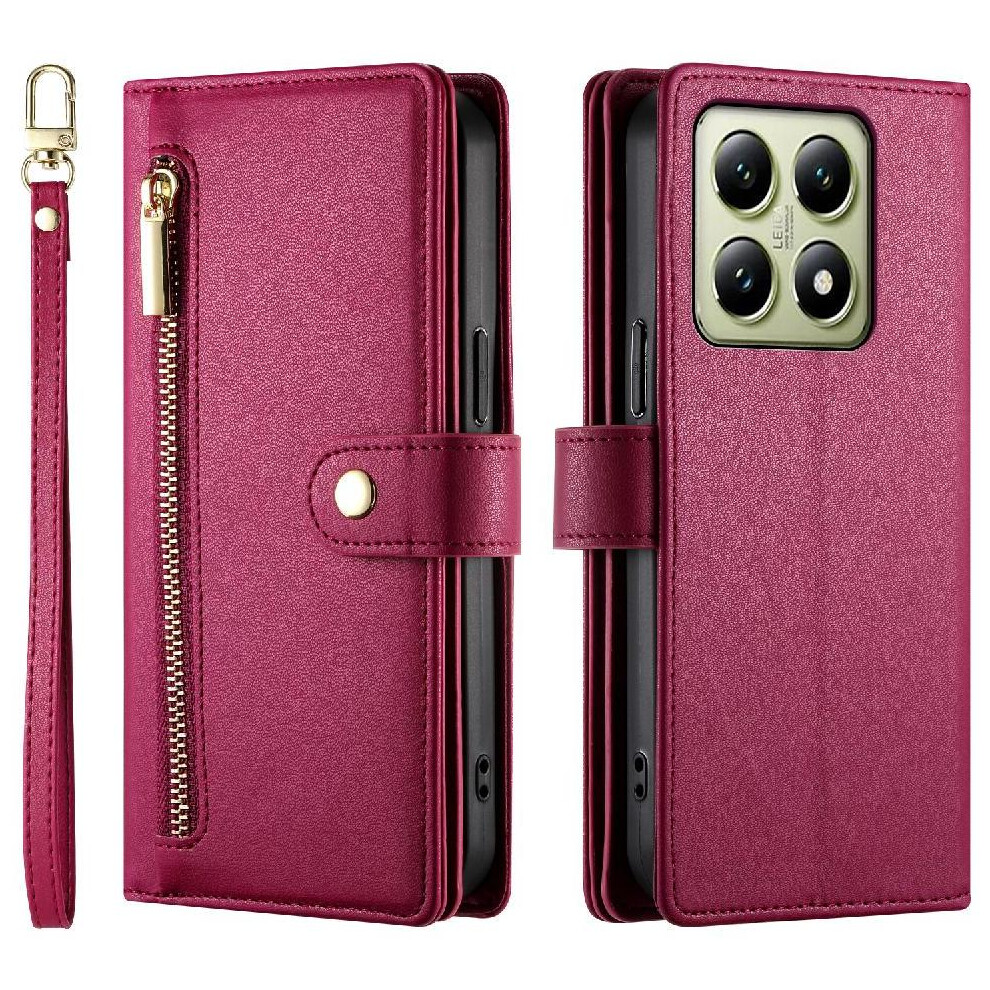 (Red) Flip Case For Xiaomi 14T 5G Wallet Compartment Wrist Strap Multifunctional Card Slots Kickstand Red 764563470228