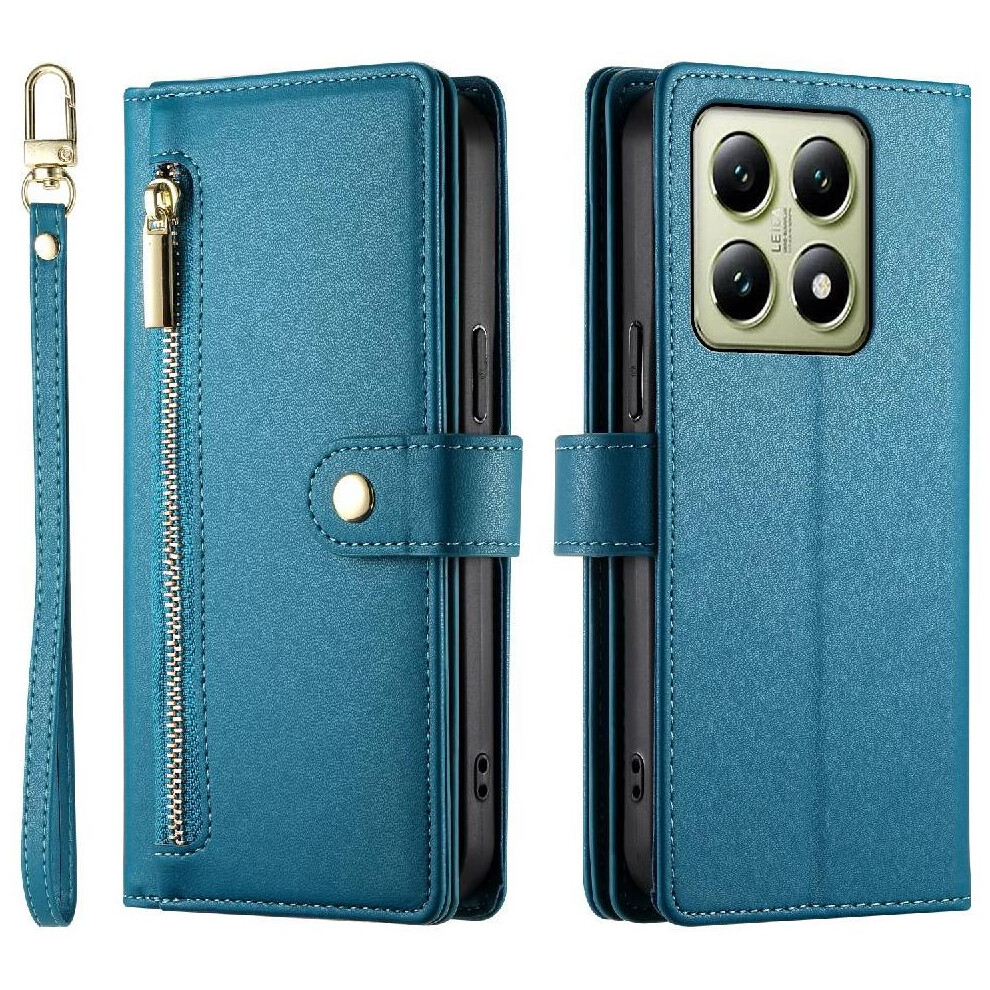 (Blue) Flip Case For Xiaomi 14T 5G Wallet Compartment Wrist Strap Multifunctional Card Slots Kickstand Blue 764563470273