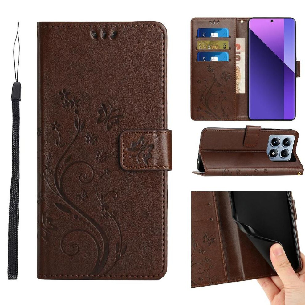 (Brown) Filp Case For Xiaomi 14T Kickstand Card Holder Wrist Strap Pu Leather Magnetic Closure Brown 764563471546