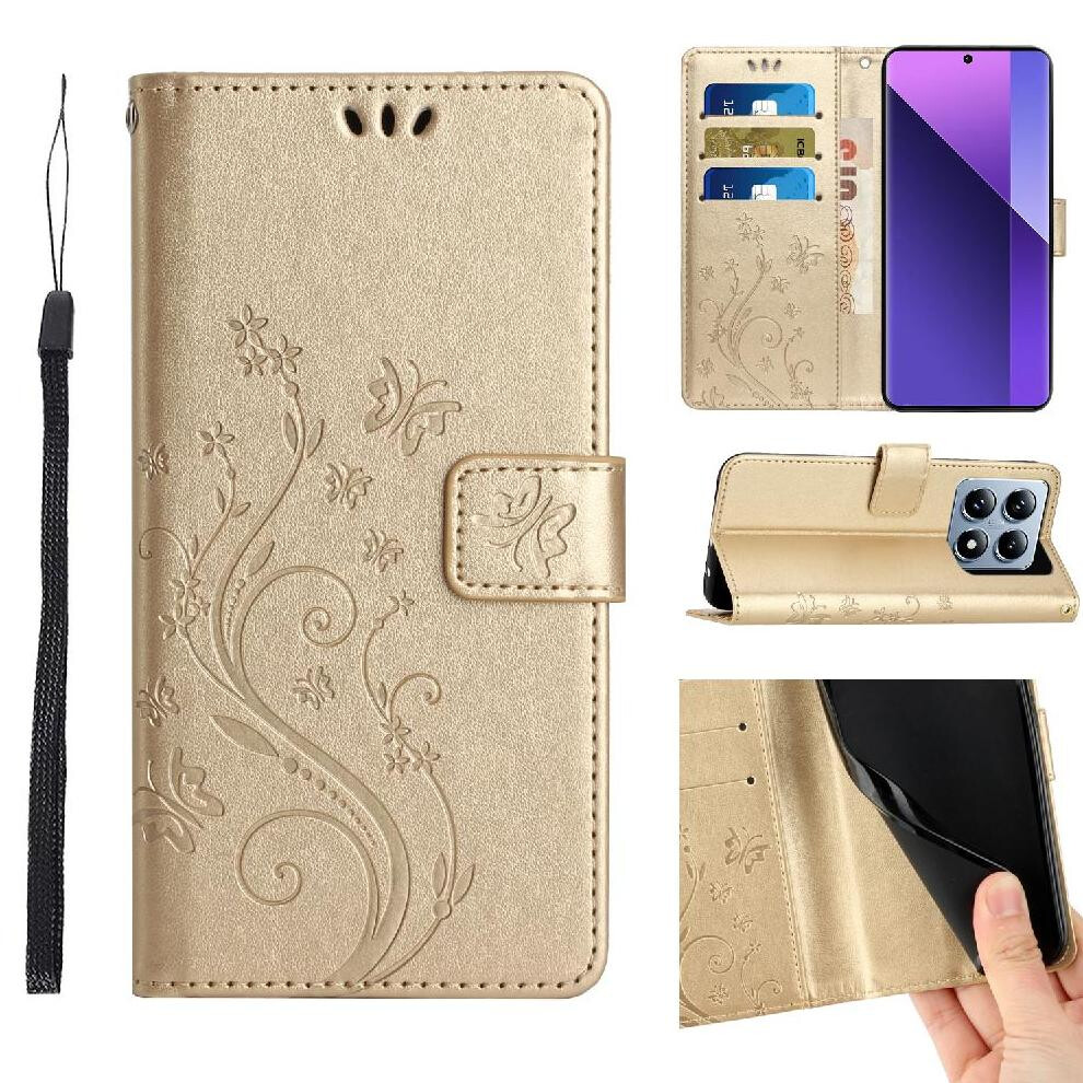 (Gold) Filp Case For Xiaomi 14T Kickstand Card Holder Wrist Strap Pu Leather Magnetic Closure Gold 764563471560