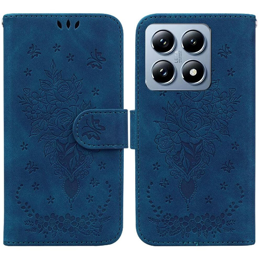 (Blue) Flip Case For Xiaomi 14T Emboss Rose Flowers Kickstand Card Slots Wallet Case Pu Leather Cover Blue 764563471645