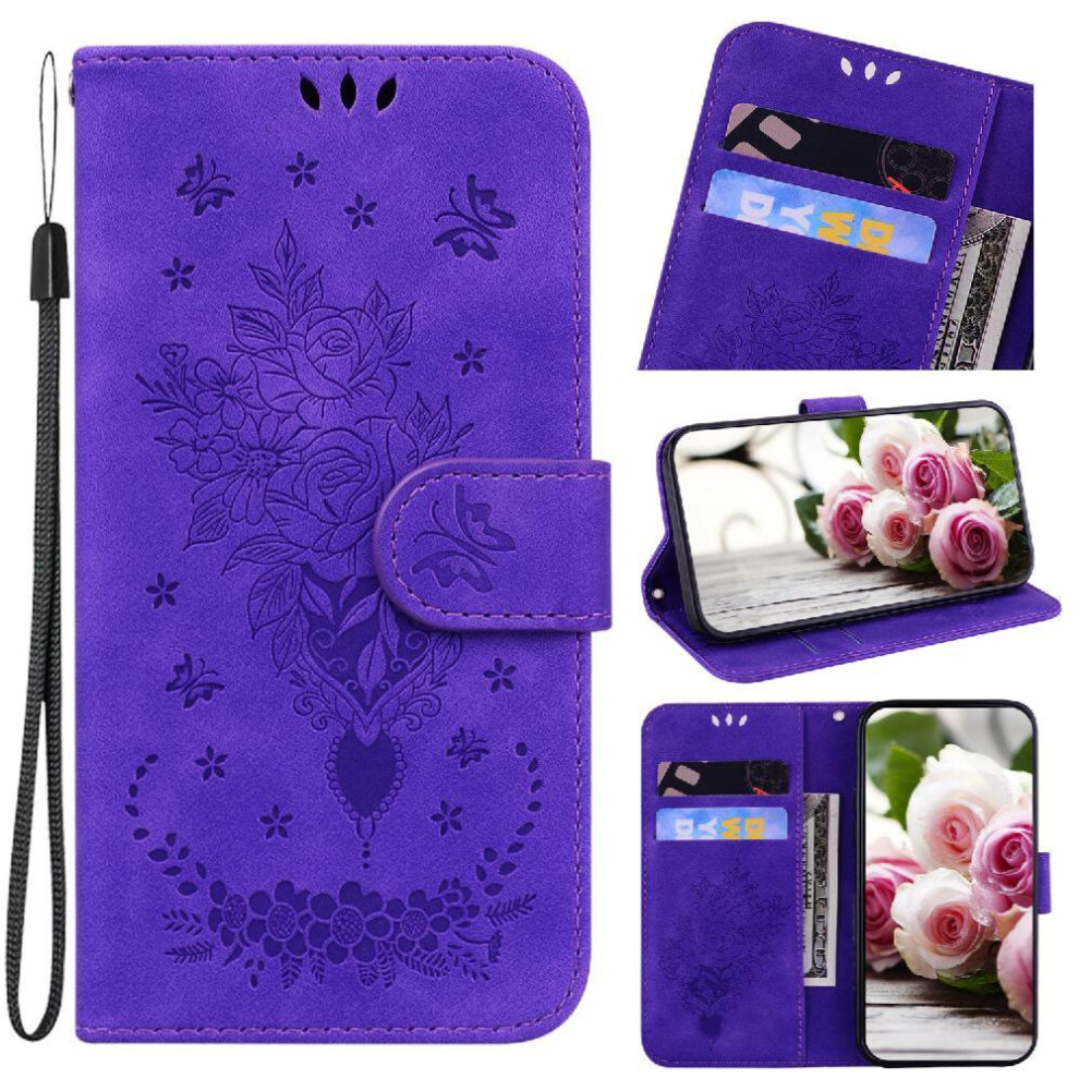 (Purple) Flip Case For Xiaomi 14T Emboss Rose Flowers Kickstand Card Slots Wallet Case Pu Leather Cover Purple 764563471669