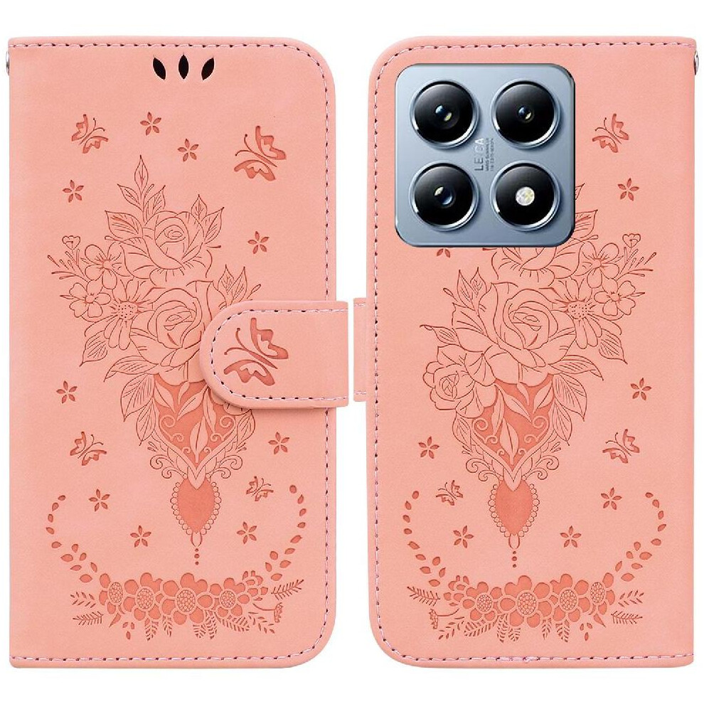 (Pink) Flip Case For Xiaomi 14T Emboss Rose Flowers Kickstand Card Slots Wallet Case Pu Leather Cover Pink 764563471683