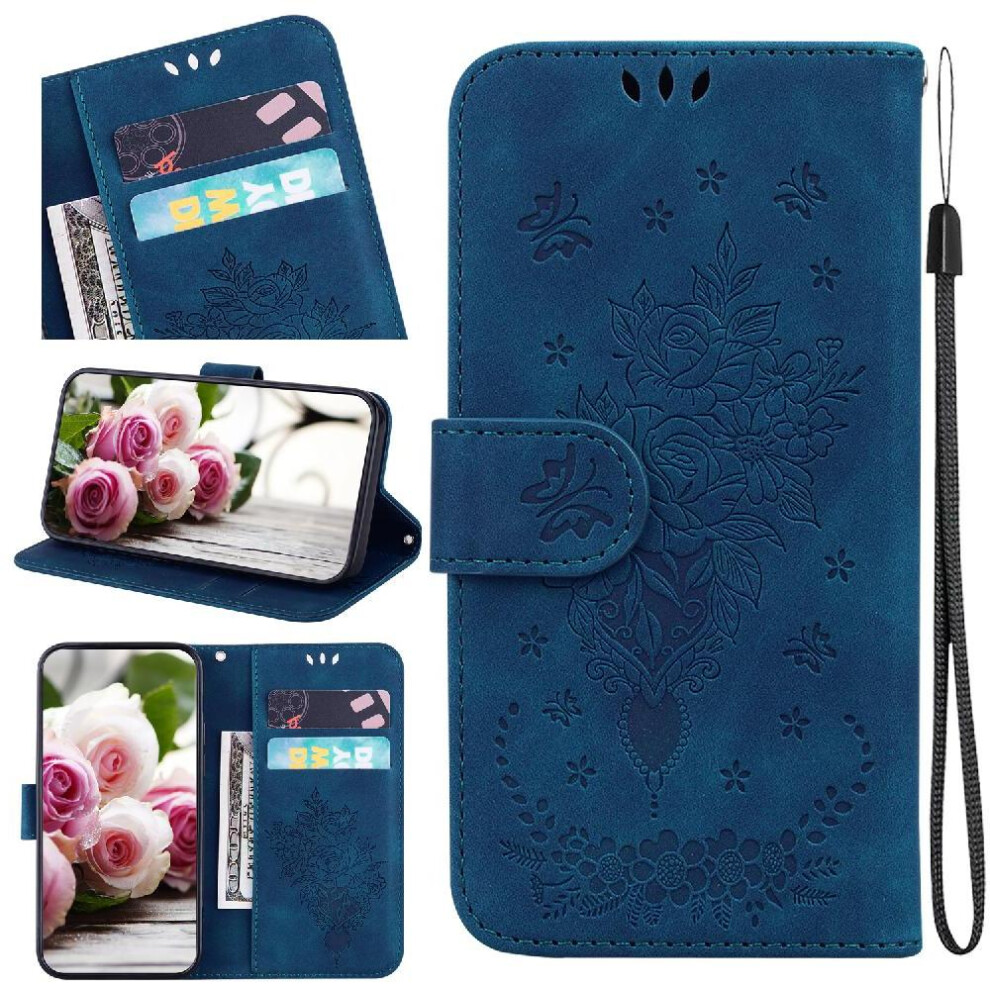 (Blue) Flip Case For Xiaomi 14T Pro Kickstand Emboss Rose Flowers Pu Leather Cover Wallet Case Card Slots Blue 764563471690