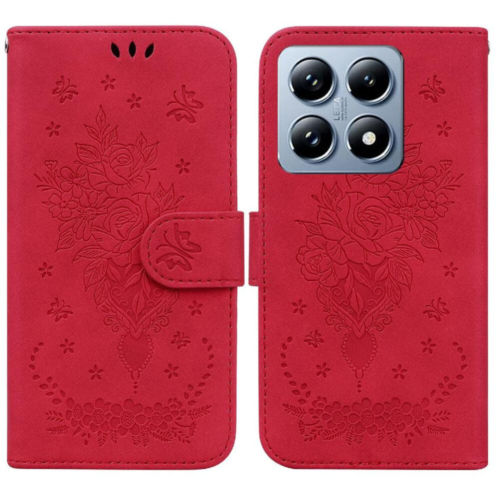 (Red) Flip Case For Xiaomi 14T Pro Kickstand Emboss Rose Flowers Pu Leather Cover Wallet Case Card Slots Red 764563471720