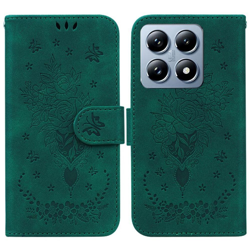 (Green) Flip Case For Xiaomi 14T Pro Kickstand Emboss Rose Flowers Pu Leather Cover Wallet Case Card Slots Green 764563471706