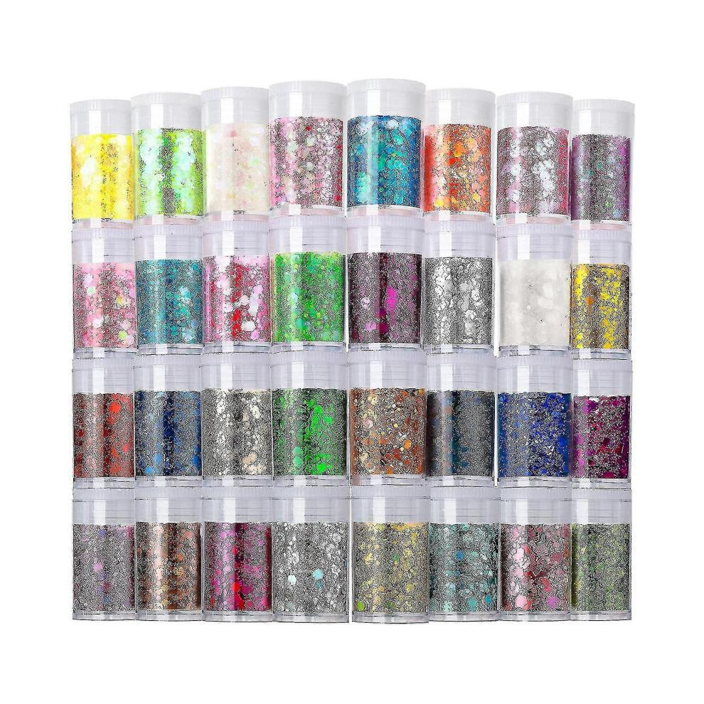 Holographic glitter, set of 32, for resin crafts, cosmetics for nails, body, face and eyes.