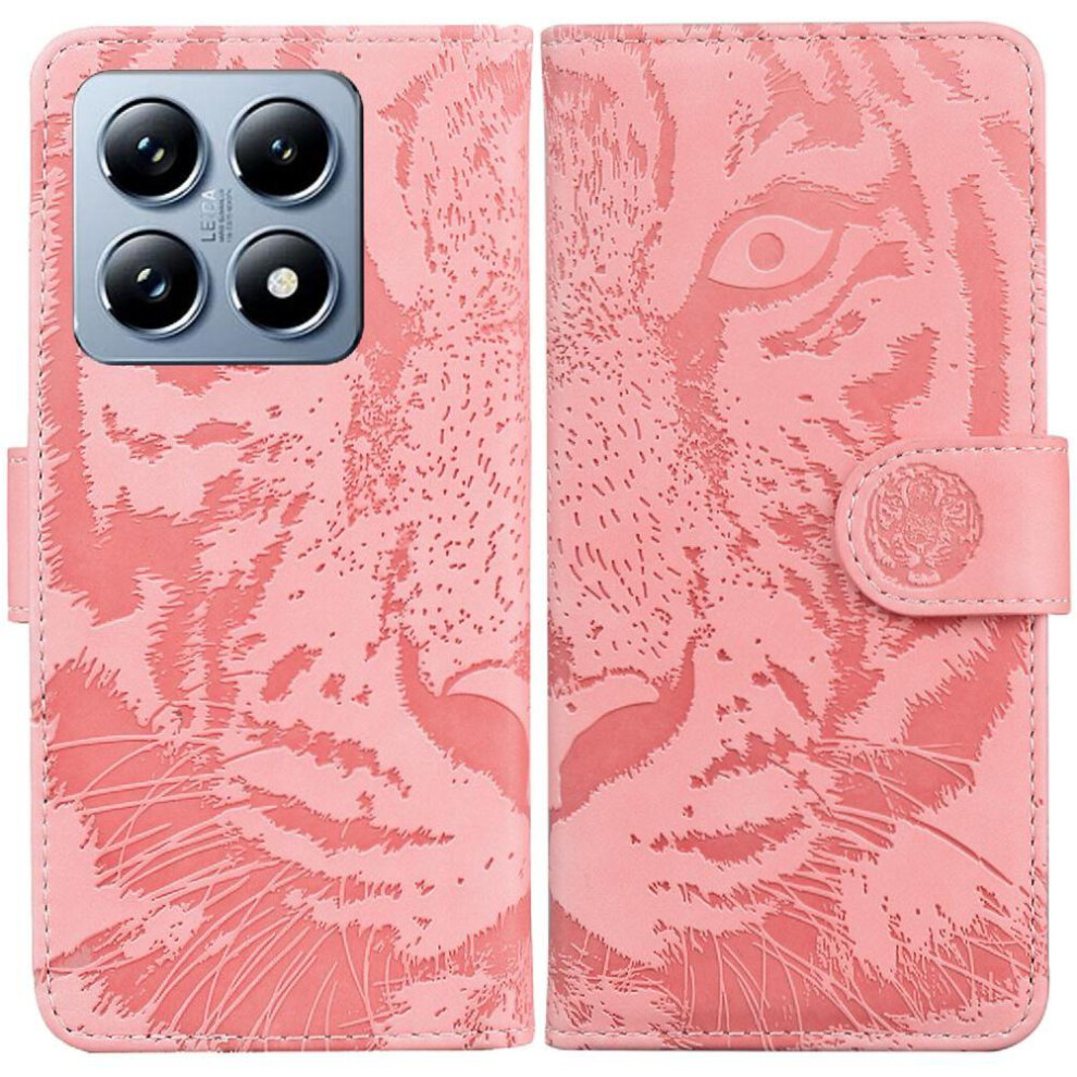 (Pink) Flip Case For Xiaomi 14T Pro Kickstand Protective Leather Wallet Embossed Cute Tiger Pink 764563472475
