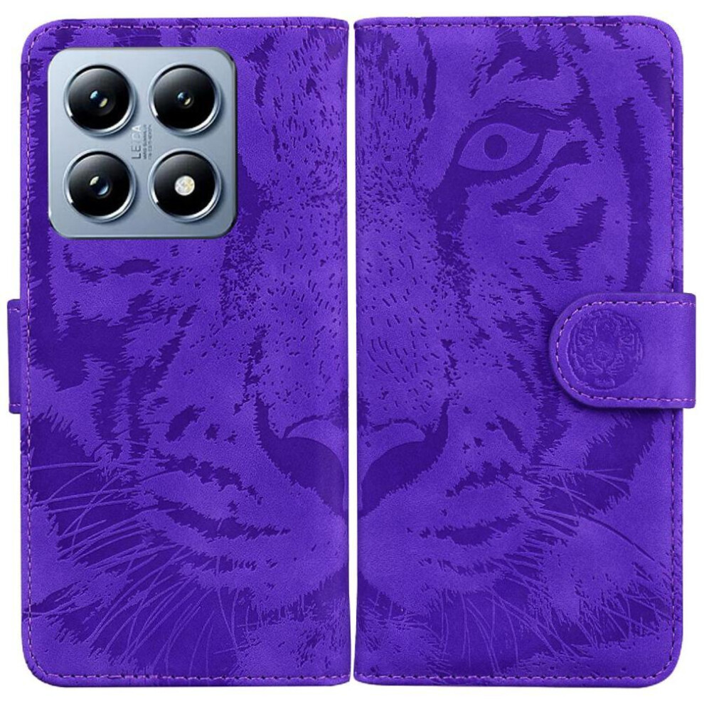 (Purple) Flip Case For Xiaomi 14T Pro Kickstand Protective Leather Wallet Embossed Cute Tiger Purple 764563472451