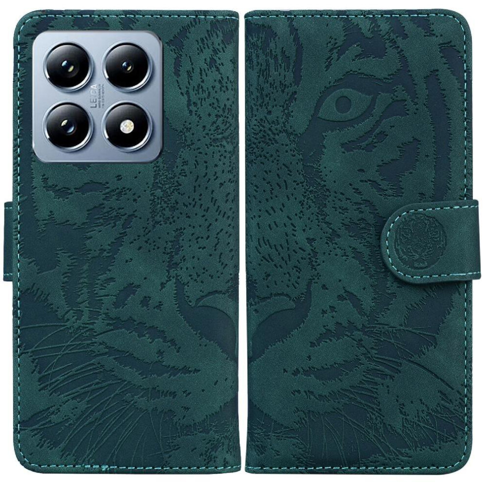 (Green) Flip Case For Xiaomi 14T Pro Kickstand Protective Leather Wallet Embossed Cute Tiger Green 764563472444