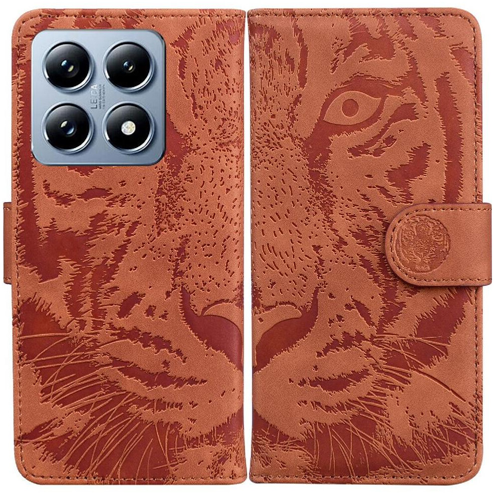 (Brown) Flip Case For Xiaomi 14T Pro Kickstand Protective Leather Wallet Embossed Cute Tiger Brown 764563472468