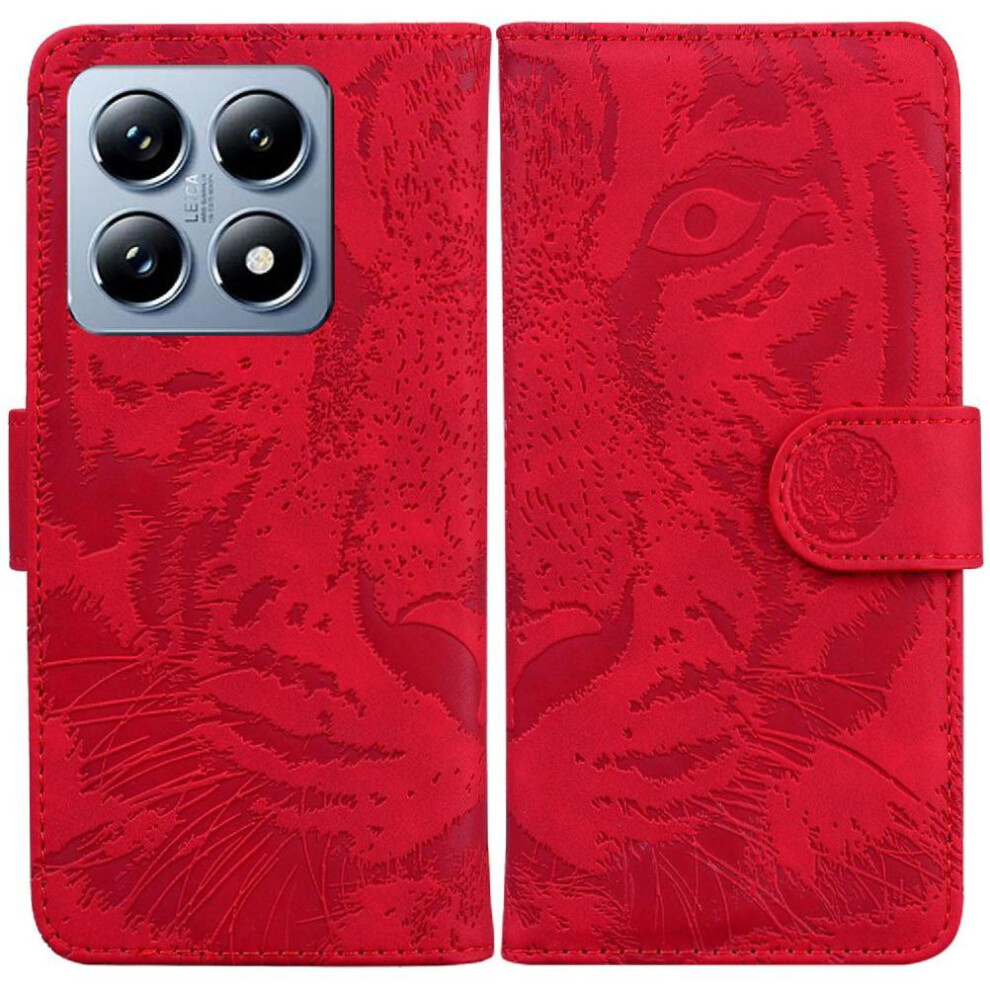 (Red) Flip Case For Xiaomi 14T Kickstand Protective Embossed Cute Tiger Leather Wallet Red 764563472499