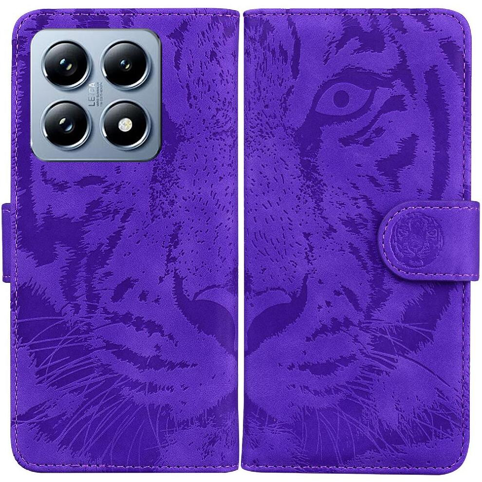(Purple) Flip Case For Xiaomi 14T Kickstand Protective Embossed Cute Tiger Leather Wallet Purple 764563472512