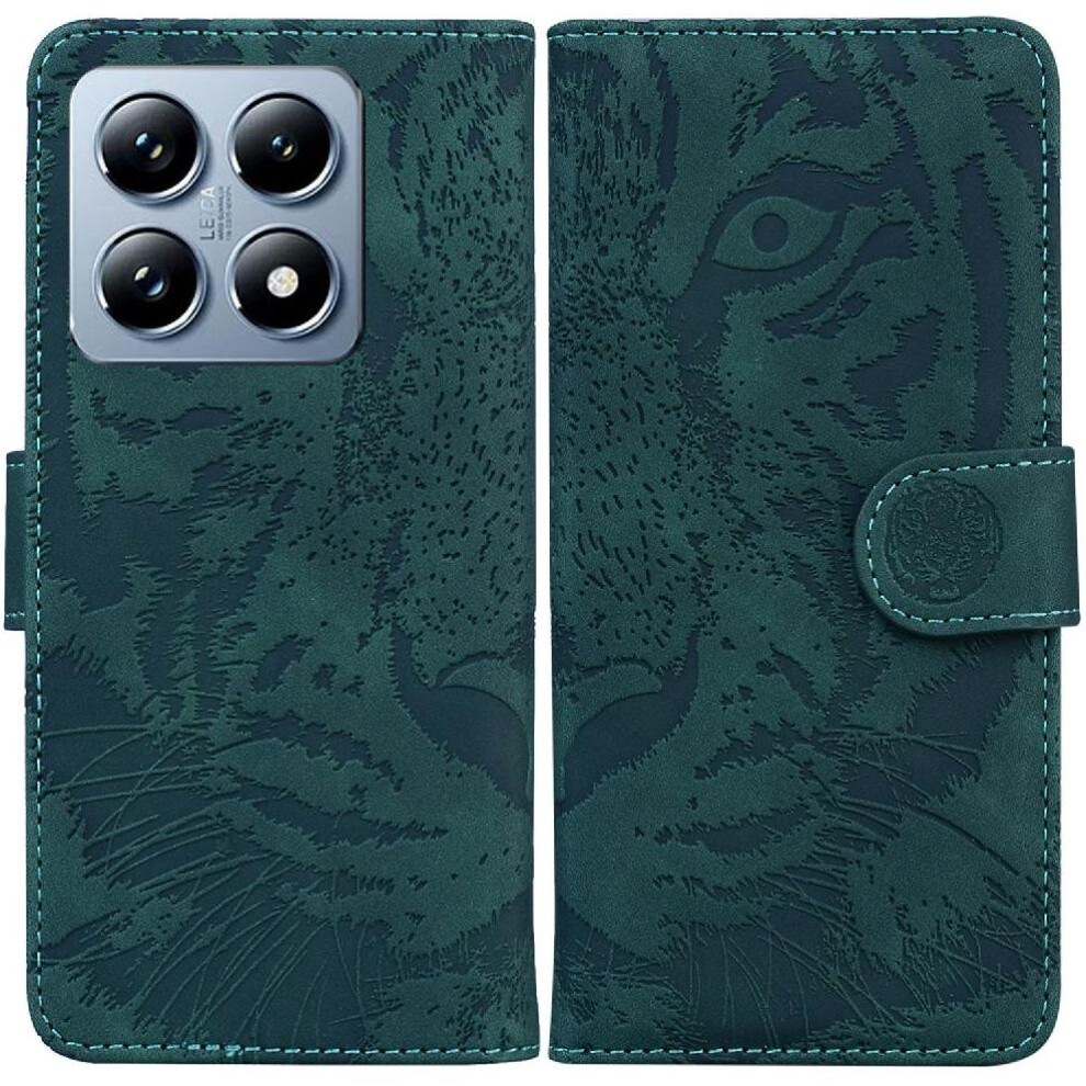 (Green) Flip Case For Xiaomi 14T Kickstand Protective Embossed Cute Tiger Leather Wallet Green 764563472505