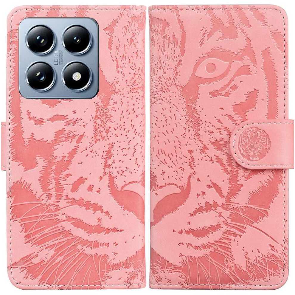 (Pink) Flip Case For Xiaomi 14T Kickstand Protective Embossed Cute Tiger Leather Wallet Pink 764563472536
