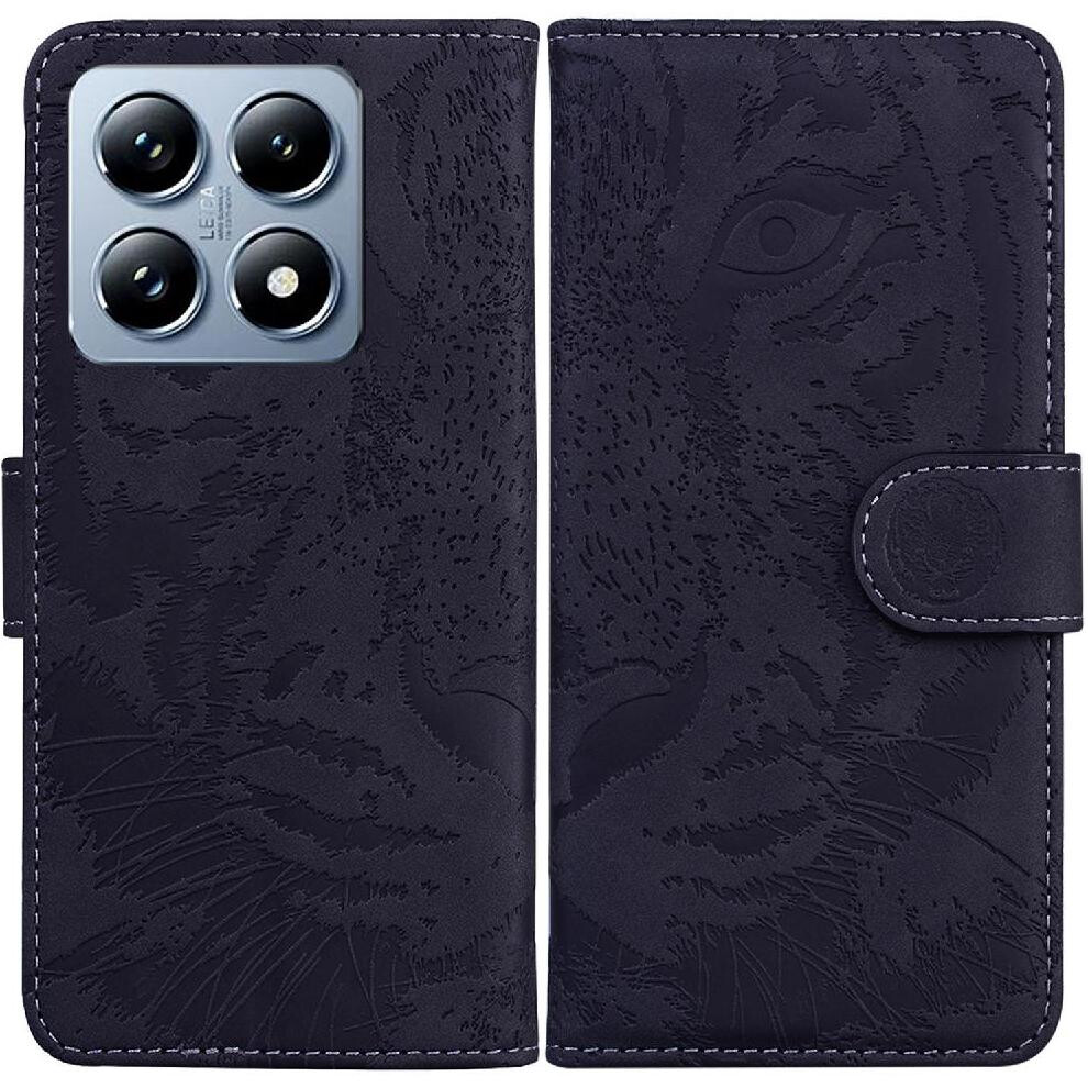 (Black) Flip Case For Xiaomi 14T Kickstand Protective Embossed Cute Tiger Leather Wallet Black 764563472482