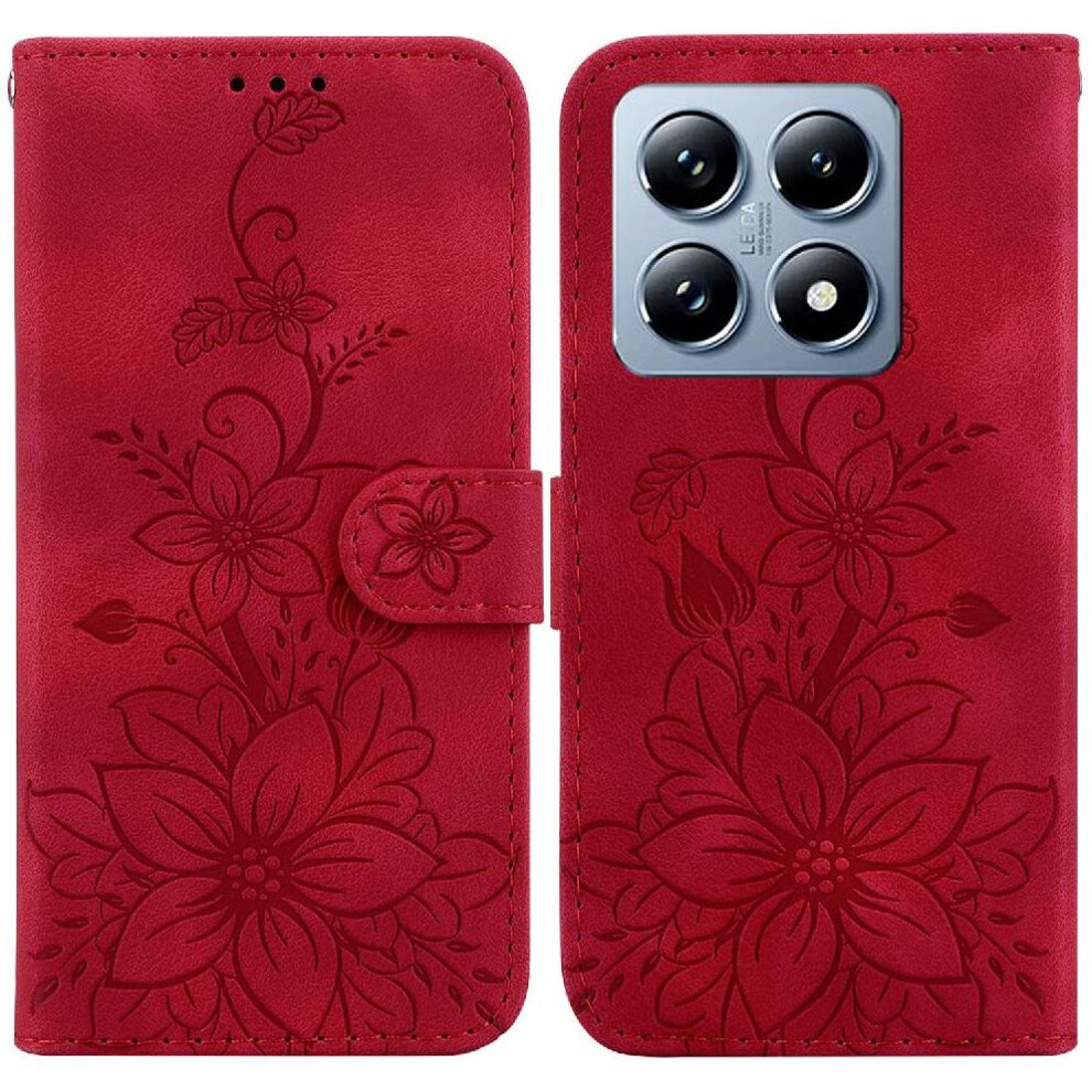 (Red) Flip Case For Xiaomi 14T Wallet Kickstand Card Holder Embossed Lily Magnetic Red 764563472949