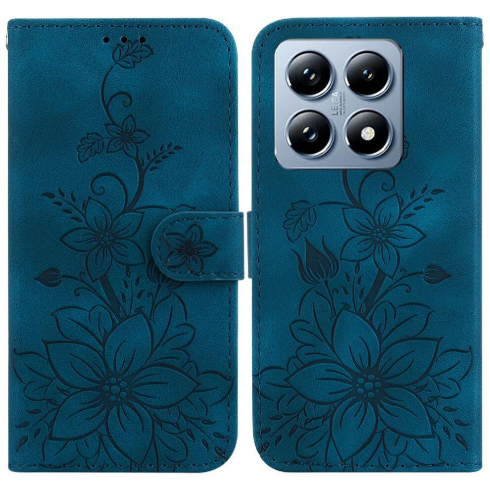 (Dark ) Flip Case For Xiaomi 14T Wallet Kickstand Card Holder Embossed Lily Magnetic Blue 764563472925
