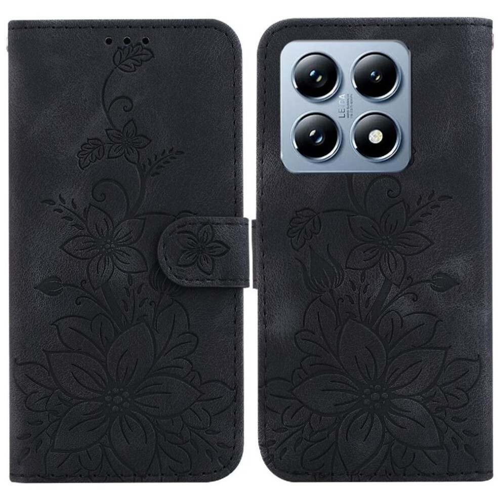 (Black) Flip Case For Xiaomi 14T Wallet Kickstand Card Holder Embossed Lily Magnetic Black 764563472956