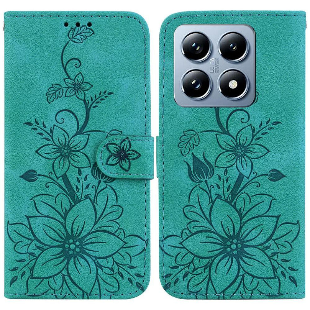 (Green) Flip Case For Xiaomi 14T Wallet Kickstand Card Holder Embossed Lily Magnetic Green 764563472901
