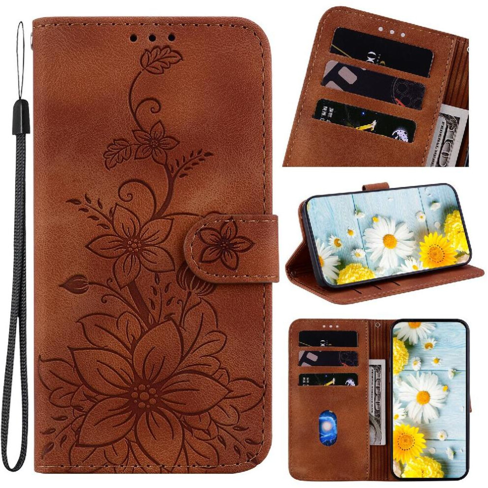 (Brown) Flip Case For Xiaomi 14T Pro Magnetic Wallet Embossed Lily Card Holder Kickstand Brown 764563472970
