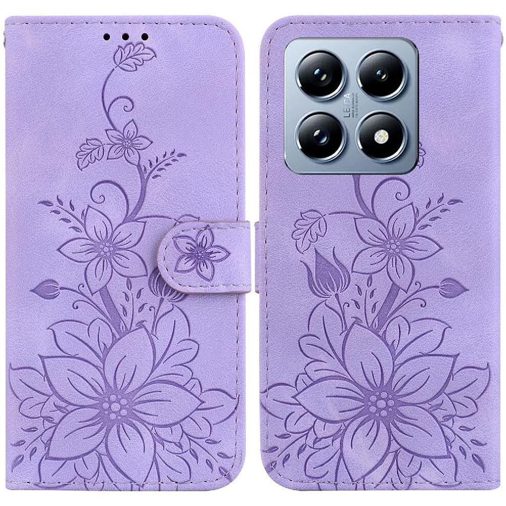 (Purple) Flip Case For Xiaomi 14T Pro Magnetic Wallet Embossed Lily Card Holder Kickstand Purple 764563472994