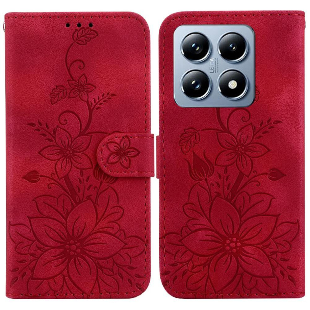 (Red) Flip Case For Xiaomi 14T Pro Magnetic Wallet Embossed Lily Card Holder Kickstand Red 764563473007