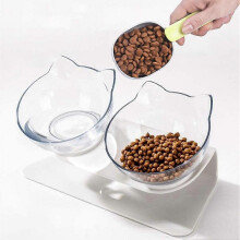 Raised Cat Bowl with Stand, 15 Tilted DoubleCat Bowls, Plastic Transparent Cat Feeding Bowl.
