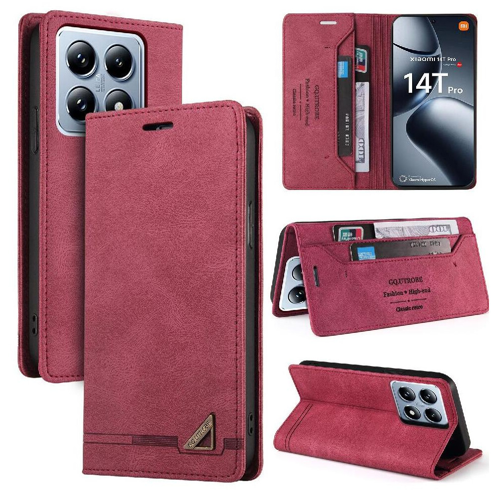 (Red) Flip Case For Xiaomi 14T Pro Kickstand Premium Leather Premium Leather Two Card Slots Red 764563473816