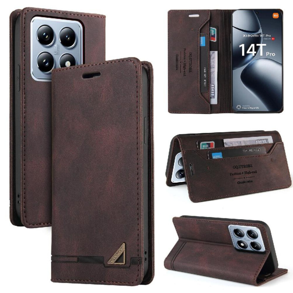 (Brown) Flip Case For Xiaomi 14T Pro Kickstand Premium Leather Premium Leather Two Card Slots Brown 764563473786