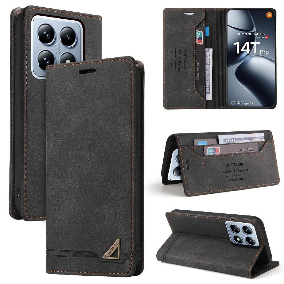 (Black) Flip Case For Xiaomi 14T Pro Kickstand Premium Leather Premium Leather Two Card Slots Black 764563473809